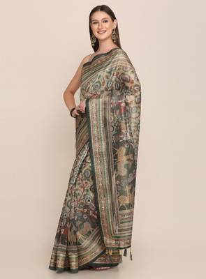 Floral motifs printed zari linen saree 2