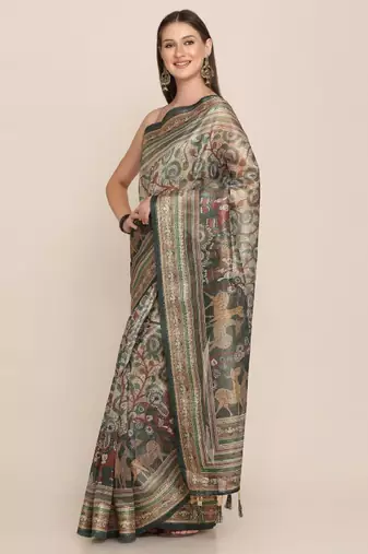 Floral motifs printed zari linen saree