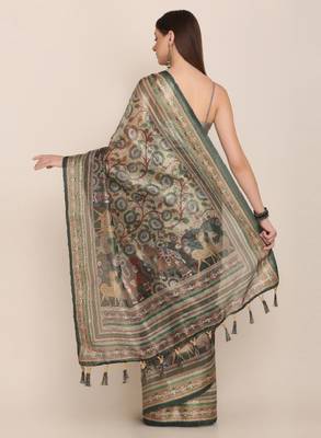 Floral motifs printed zari linen saree 3