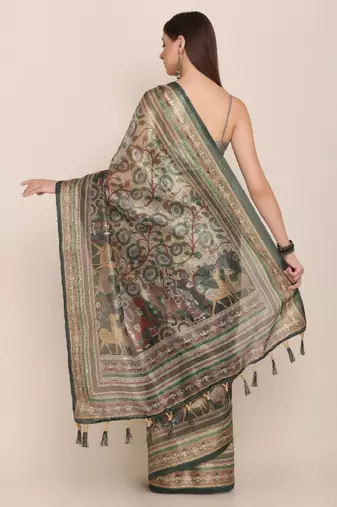 Floral motifs printed zari linen saree