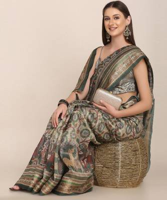 Floral motifs printed zari linen saree 4