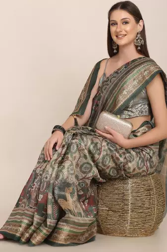 Floral motifs printed zari linen saree