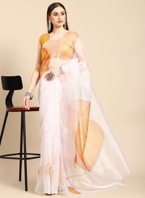 White & mustard yellow floral organza saree 1