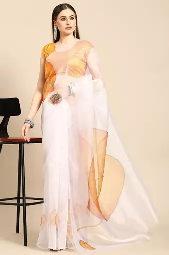 White & mustard yellow floral organza saree