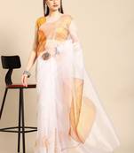 White & mustard yellow floral organza saree