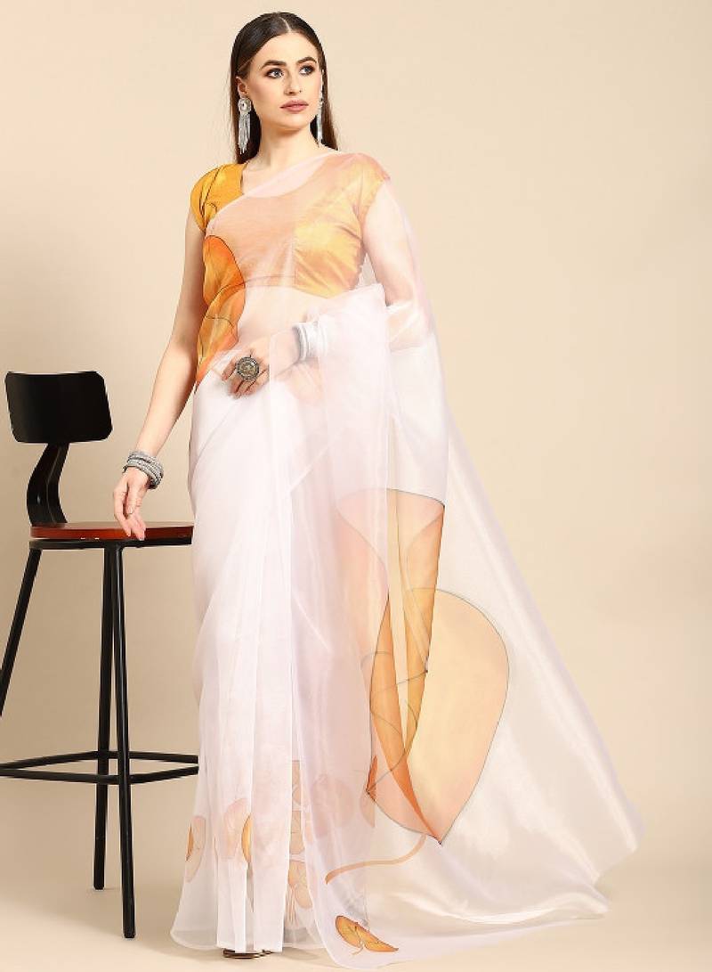 White & mustard yellow floral organza saree