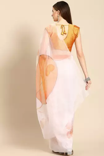 White & mustard yellow floral organza saree