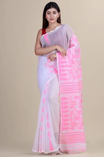 White & pink woven design silk cotton jamdani saree