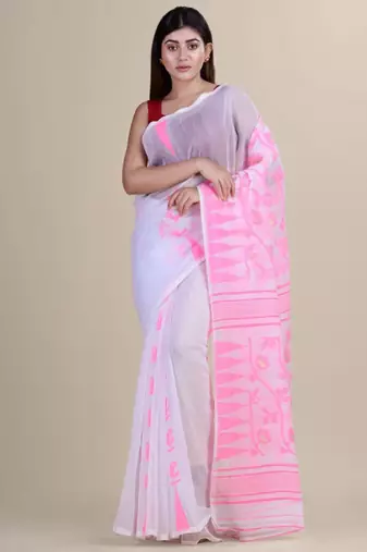 White & pink woven design silk cotton jamdani saree