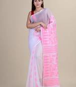 White & pink woven design silk cotton jamdani saree
