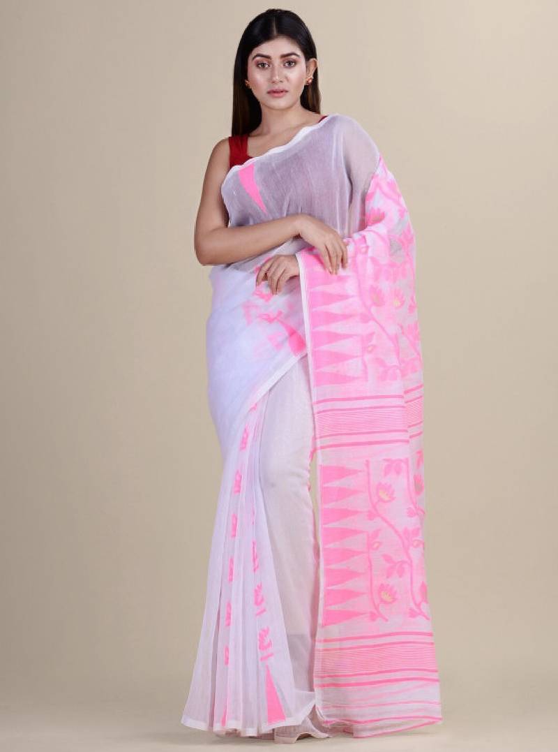 White & pink woven design silk cotton jamdani saree