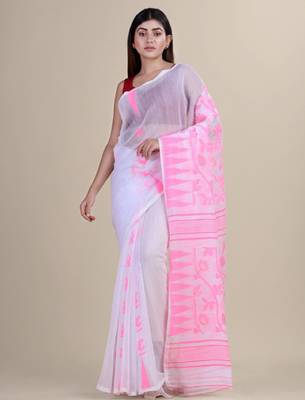 White & pink woven design silk cotton jamdani saree 2