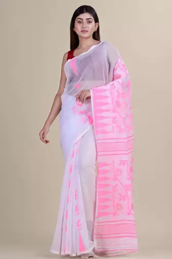 White & pink woven design silk cotton jamdani saree