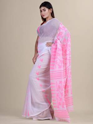 White & pink woven design silk cotton jamdani saree 3