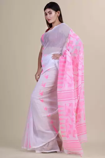 White & pink woven design silk cotton jamdani saree