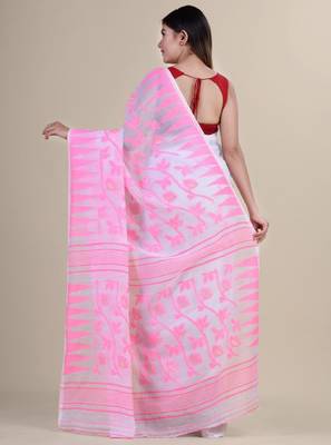 White & pink woven design silk cotton jamdani saree 4