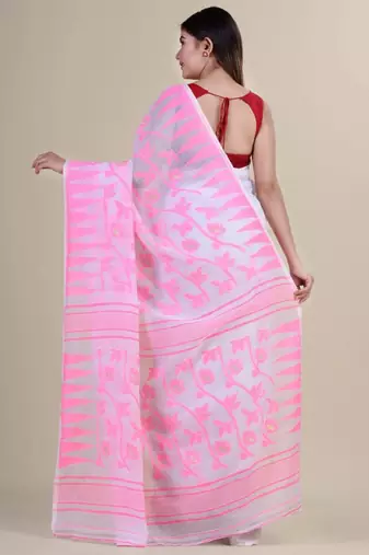White & pink woven design silk cotton jamdani saree