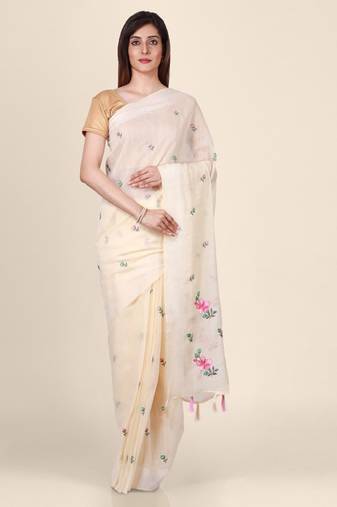 Cream-coloured embroidered linen blend saree