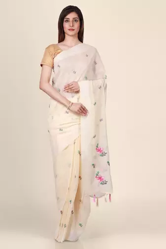 Cream-coloured embroidered linen blend saree