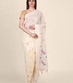 Cream-coloured embroidered linen blend saree
