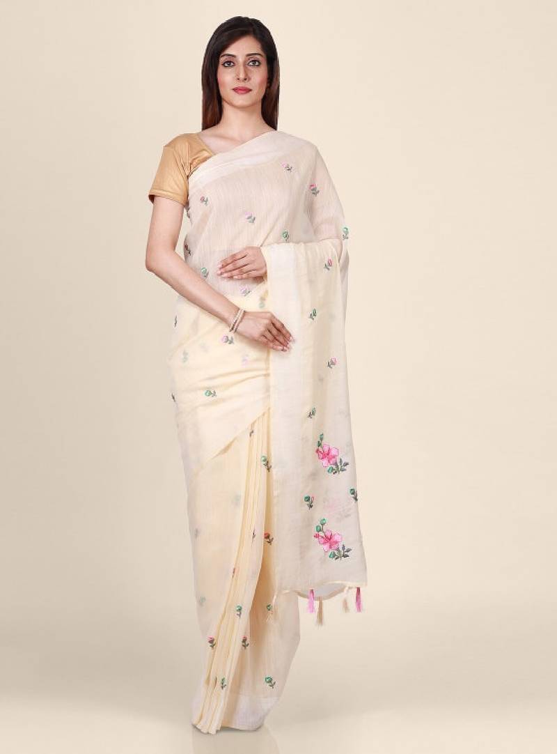 Cream-coloured embroidered linen blend saree
