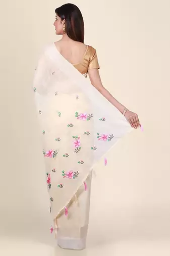 Cream-coloured embroidered linen blend saree