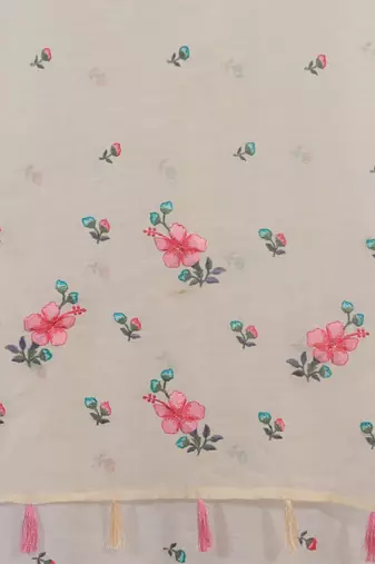 Cream-coloured embroidered linen blend saree