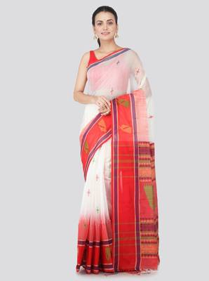 White & red cotton blend woven design handloom sustainable saree 1