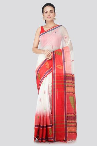 White & red cotton blend woven design handloom sustainable saree
