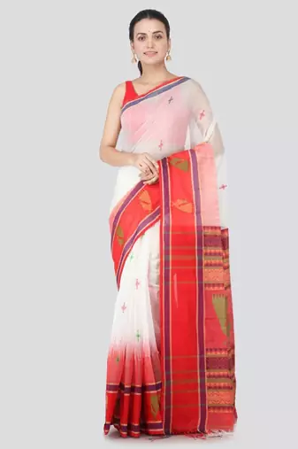 White & red cotton blend woven design handloom sustainable saree