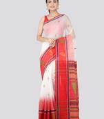 White & red cotton blend woven design handloom sustainable saree