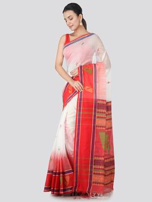 White & red cotton blend woven design handloom sustainable saree 2