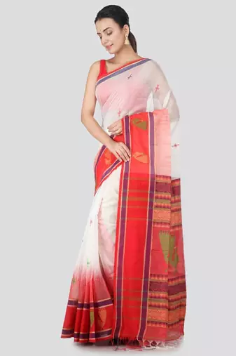 White & red cotton blend woven design handloom sustainable saree