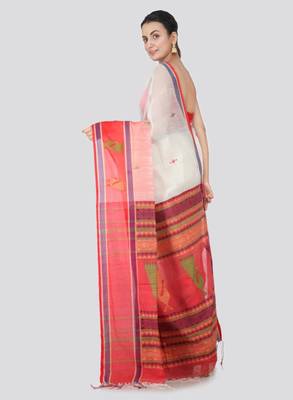 White & red cotton blend woven design handloom sustainable saree 3