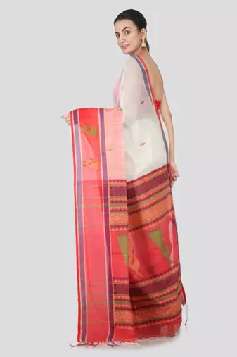 White & red cotton blend woven design handloom sustainable saree