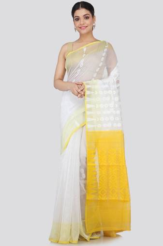 White & yellow floral silk cotton jamdani saree