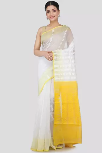 White & yellow floral silk cotton jamdani saree
