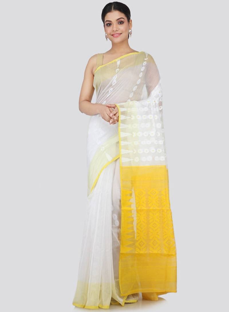 White & yellow floral silk cotton jamdani saree
