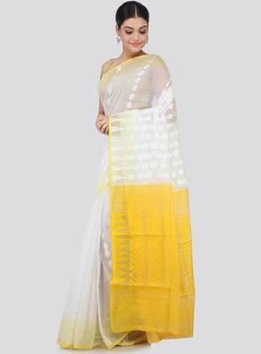 White & yellow floral silk cotton jamdani saree 2