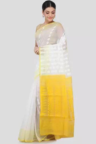 White & yellow floral silk cotton jamdani saree