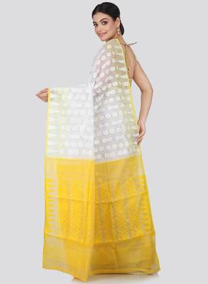 White & yellow floral silk cotton jamdani saree 3