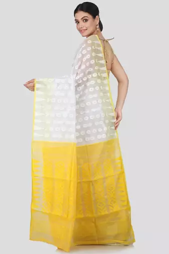 White & yellow floral silk cotton jamdani saree