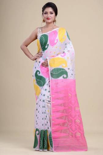 White & pink woven design silk cotton jamdani saree