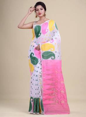 White & pink woven design silk cotton jamdani saree 2