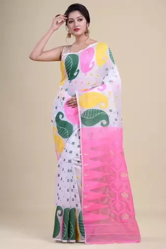White & pink woven design silk cotton jamdani saree