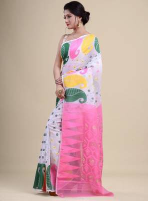 White & pink woven design silk cotton jamdani saree 3