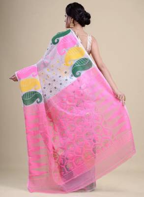 White & pink woven design silk cotton jamdani saree 4