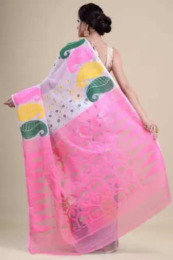 White & pink woven design silk cotton jamdani saree