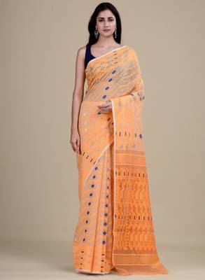 Off white & orange woven design jute silk jamdani saree 1