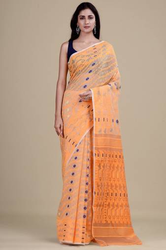 Off white & orange woven design jute silk jamdani saree